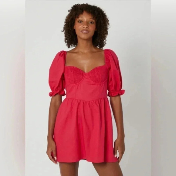 NEW Charlie Holiday Mini Dress Size Medium pink sweetheart puffed sleeves - Picture 1 of 8